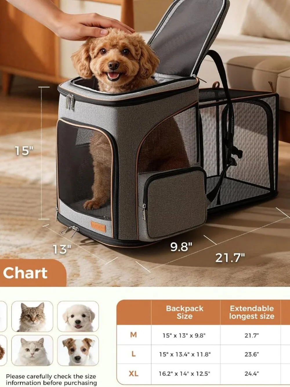 Lekereise Expandable Pet Carrier Backpack – Grey (Large, Fits 20–25 lbs)